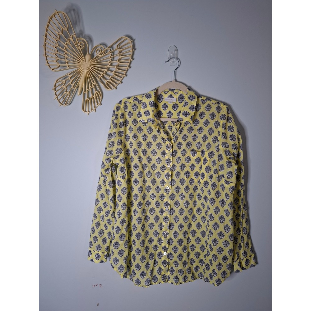 J. Jill Yellow Navy Blue Damask Block Print Cotton Button Down Shirt Medium